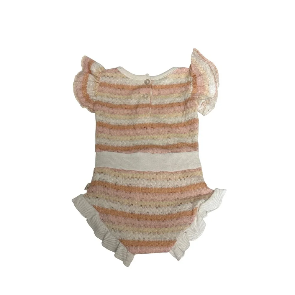 Snug Baby Girl Striped Pointelle Knit Ruffle Romper Bodysuit‎ Pink Orange 0-3M